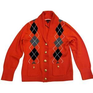 Tommy Hilfiger Argyle Cardigan Sweater | L Orange Shawl, Old Money, Crest NWOT